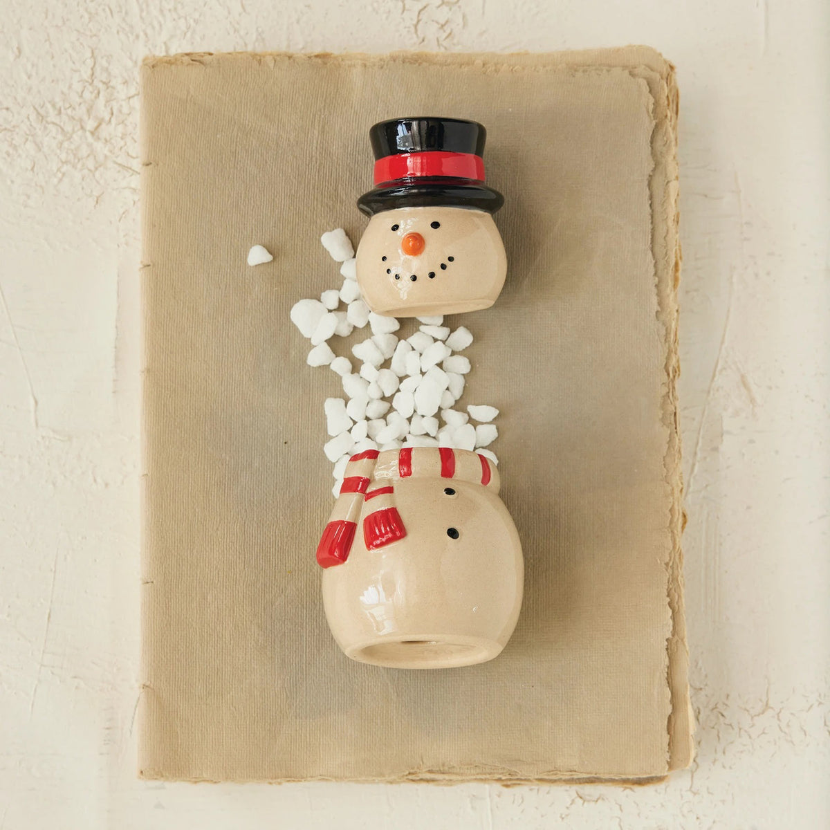 The CREATIVE COOP SNOWMAN JAR WITH LID features a hand-painted snowman with black top hat, red scarf and mittens, black buttons, carrot nose, and brown stick arms on a plain white background.