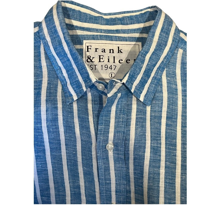 The FRANK &amp; EILEEN Finbar men's button-up shirt in turquoise with white stripes features washed linen, a back view, and long sleeves rolled up.