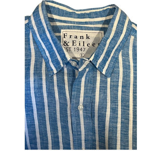 The FRANK & EILEEN Finbar men's button-up shirt in turquoise with white stripes features washed linen, a back view, and long sleeves rolled up.