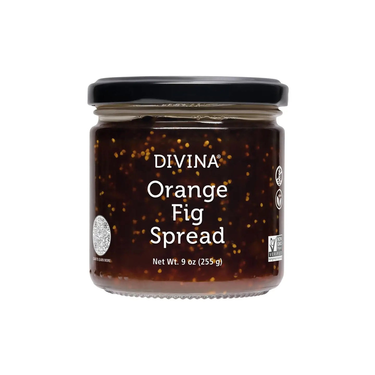 A 9 oz jar of DIVINA ORANGE FIG SPREAD features a black lid and dark spread with bits inside, blending zesty Navelina oranges and sweet Greek figs. The label shows the product name, weight, and certification symbols.