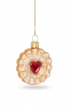 ABBOTT ICED COOKIE ORNAMENT: a round scalloped holiday cookie with a red heart-shaped center and a dusting of white sugar.