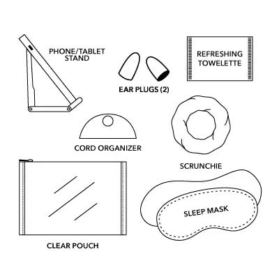 The PINCH PROVISIONS Travel Set is neatly presented in a transparent zippered pouch, designed for the contemporary traveler. Inside, you&#39;ll find a plush sleep mask, earplugs, cord organizer, phone/tablet stand, scrunchie, and a refreshing towelette. The packaging boasts a minimalistic design with &quot;PINCH PROVISIONS - TRAVEL SET&quot; and highlights the included 7 essentials.