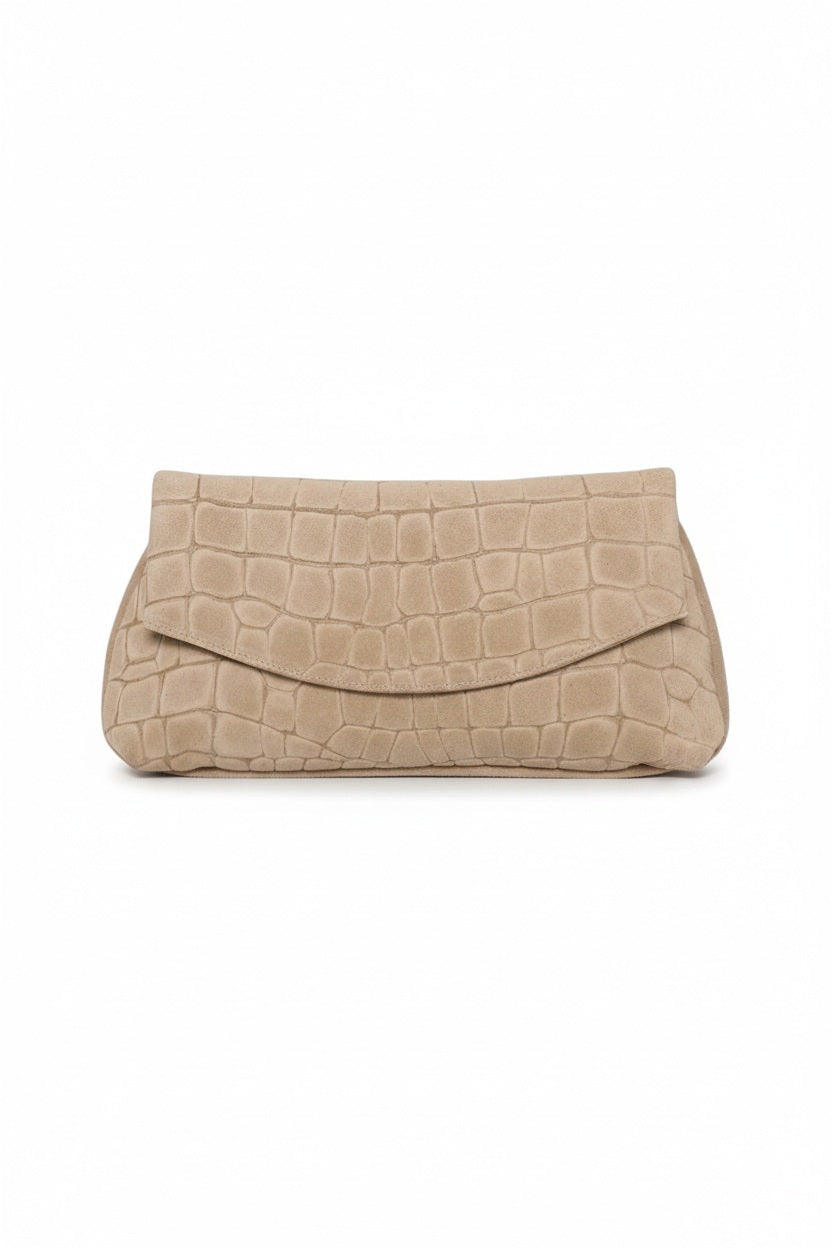 Fearrington Village OLIVEVE Valentina clutch in ecru Italian croco-embossed suede with magnetic snap closure.