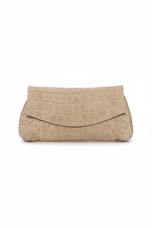 Fearrington Village OLIVEVE Valentina clutch in ecru Italian croco-embossed suede with magnetic snap closure.