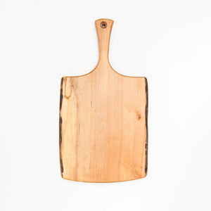A 15-inch SPENCER PETERMAN Live Edge Spalted Ambrosia Maple Serving Board by Petermans Boards & Bowls Inc., featuring a unique live edge and handle, handcrafted in Massachusetts and photographed against a white background.