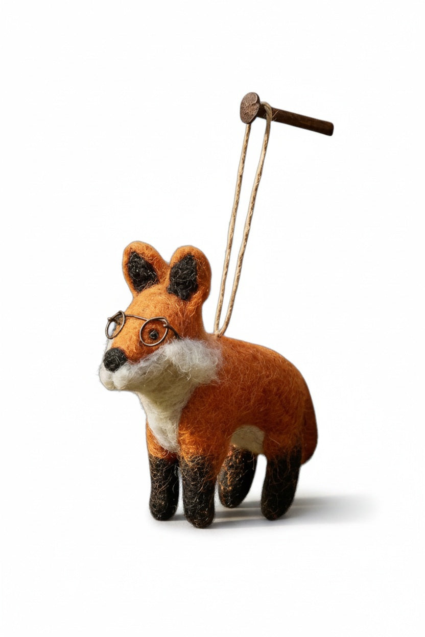 LENNOX THE FOX ORNAMENT needle-felted fox wearing wire-rimmed glasses, hanging from a twine loop.