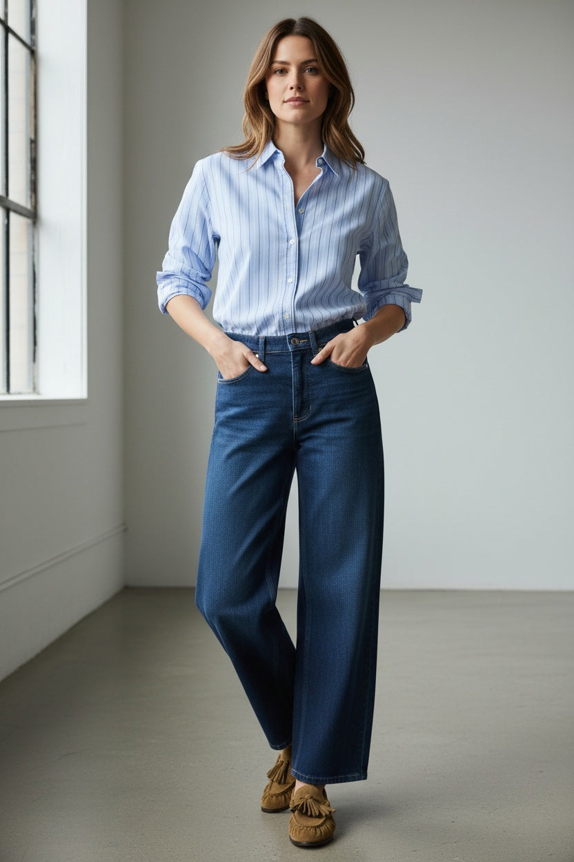 Here is the rewritten sentence using your product data: A woman with long dark hair and a relaxed expression stands against a plain background wearing the SPANX SPANXSHAPE Authentic 360 Barrel Leg Jean in Adriatic Blue, paired with a matching blue denim jacket, light blue shirt, and brown suede loafers.