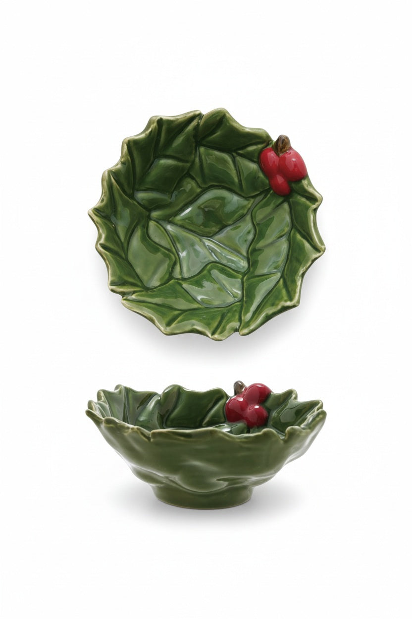 Top and side views of a HAND PAINTED HOLLY LEAVES SHAPED BOWL WITH BERRIES by Creative Co-Op, perfect for holiday serveware.