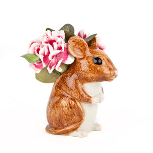 The QUAIL CERAMICS - WOOD MOUSE BUD VASE by QUAIL DESIGNS is a hand-painted stoneware figurine shaped like a brown mouse with white accents, sitting upright and looking to the right, shown on a plain white background.