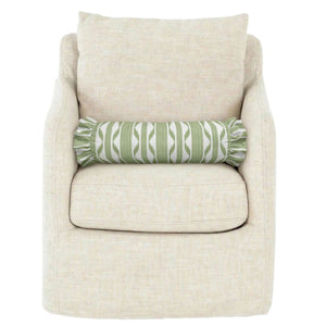 The LOOM & CLOTH Ikat Stripe Ruffled Bolster Pillow in Green features a round shape with green and white zigzag patterns, ruffled ends, and a removable 100% cotton cover. It is shown on a white background.