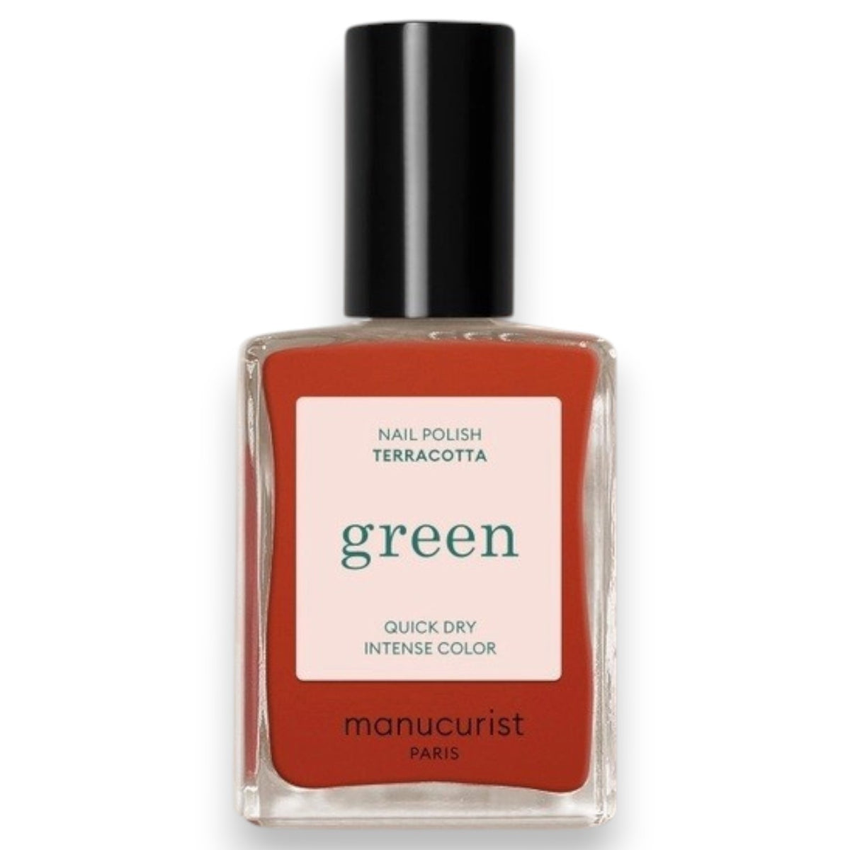 A hand with a glossy coat of MANUCURIST - GREEN™ NAIL POLISH IN TERRACOTTA by MANUCURIST INC touches an ear adorned with a chunky, abstract silver earring against brown skin.