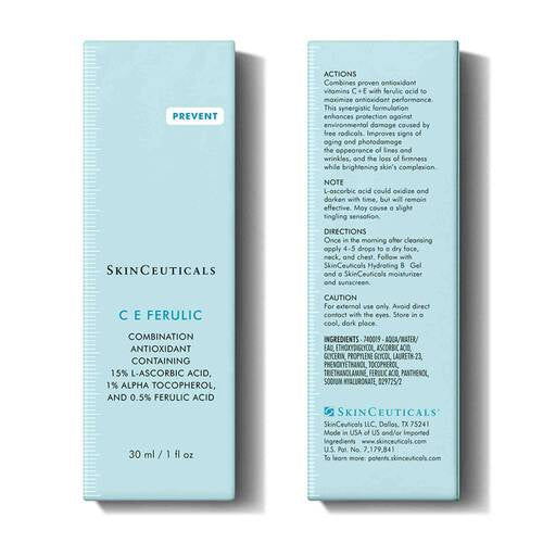 Image showing instructions for applying the SKINCEUTICALS - CE FERULIC serum in two steps:

Step 1: &quot;In the morning after cleansing, dispense 4-5 drops of SKINCEUTICALS - CE FERULIC into clean hands.&quot; (Photo of a person dropping serum onto their hand.)
Step 2: &quot;Gently press SKINCEUTICALS - CE FERULIC into the skin on your face, neck, and décolletage. Follow with any other skincare products and sunscreen for environmental protection.