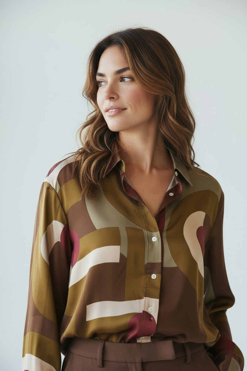A woman stands in a bright room wearing the HARTFORD Cinema Shirt in viscose with a brown and raspberry print, featuring mother-of-pearl buttons, paired with high-waisted brown pants and brown ankle boots. She looks to the side with one hand in her pocket.