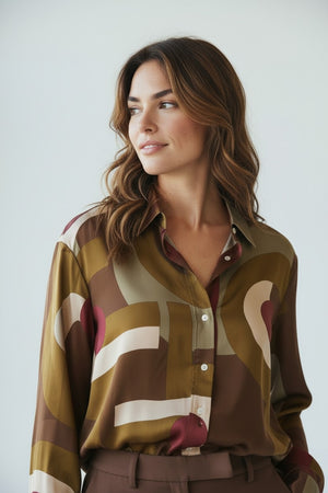A woman stands in a bright room wearing the HARTFORD Cinema Shirt in viscose with a brown and raspberry print, featuring mother-of-pearl buttons, paired with high-waisted brown pants and brown ankle boots. She looks to the side with one hand in her pocket.