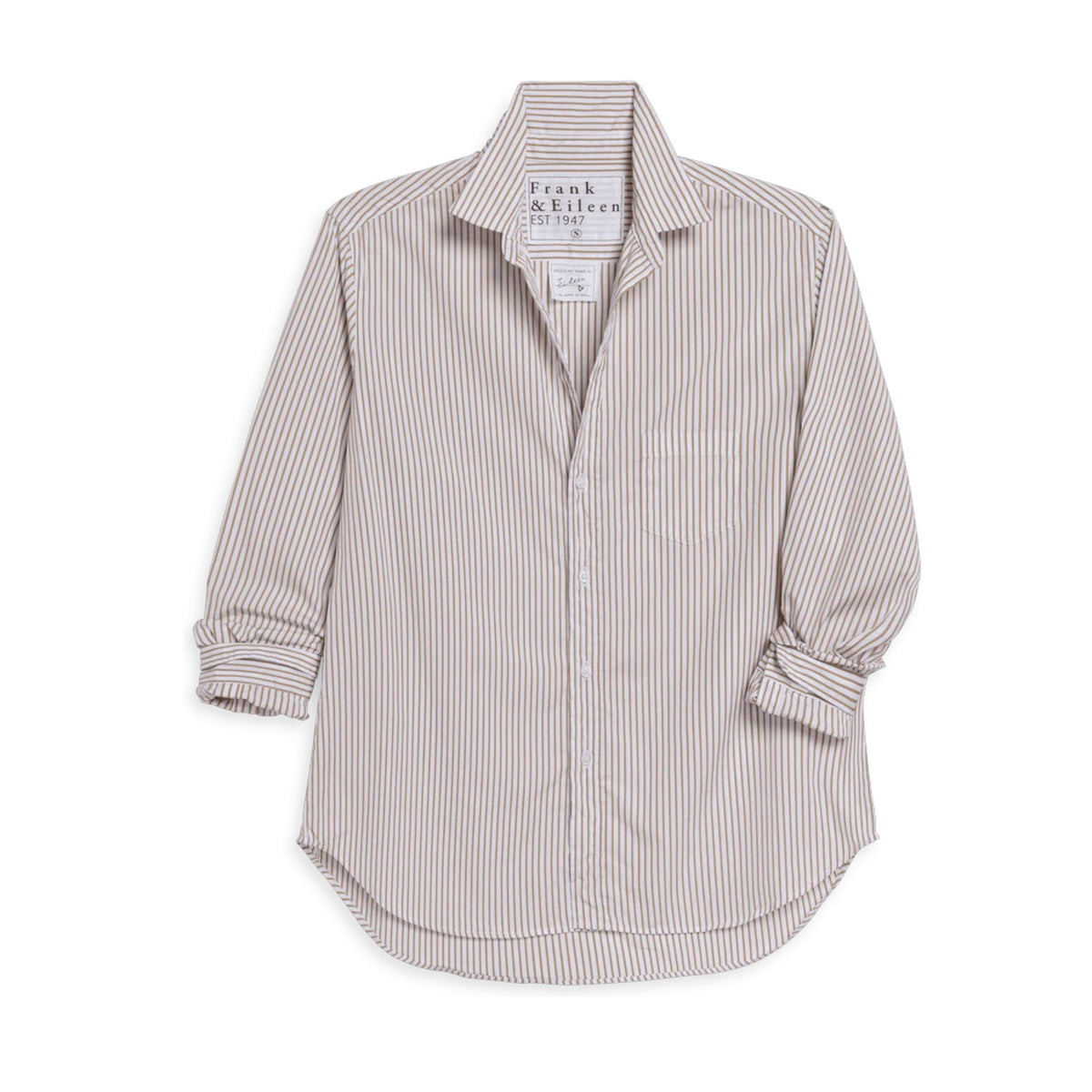 The FRANK &amp; EILEEN Eileen Relaxed Button Up Shirt in Vertical Stripe features thin beige and white stripes, a chest pocket, rolled sleeves, and a pointed collar for all-day comfort and style in 100% cotton.