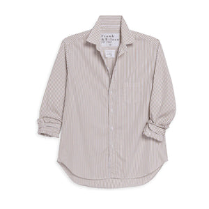 The FRANK & EILEEN Eileen Relaxed Button Up Shirt in Vertical Stripe features thin beige and white stripes, a chest pocket, rolled sleeves, and a pointed collar for all-day comfort and style in 100% cotton.