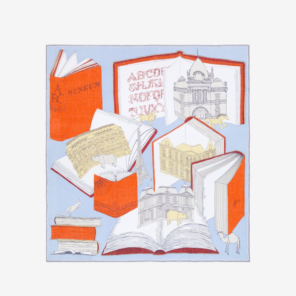 Illustration of open books with architectural drawings and letters, featuring lions and horses—one adorned with the INOUI EDITIONS - MUSEUM SCARF IN RED by INOUI—set against a light blue background.