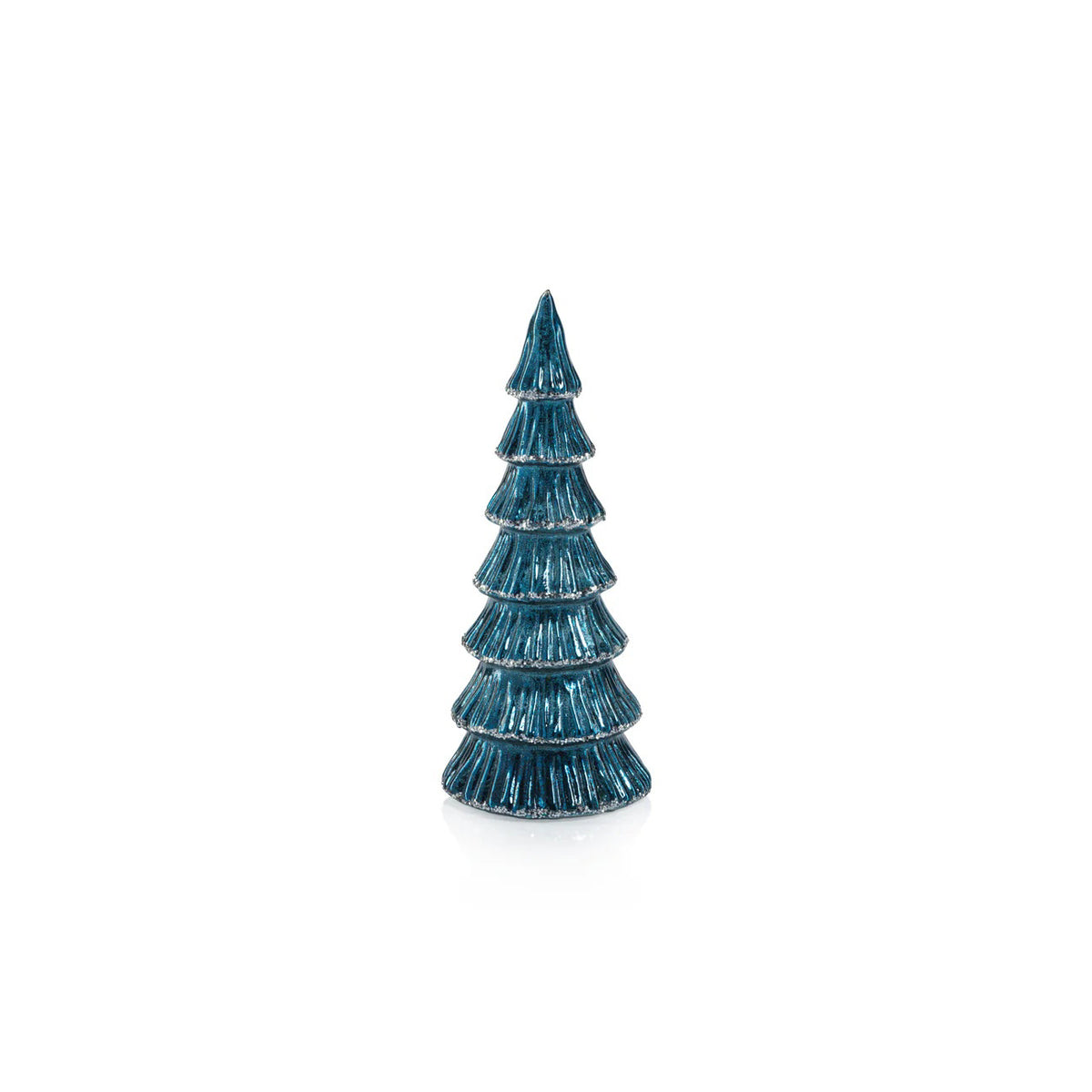 The ZODAX VERBIER LED TREE IN BLUE WITH SILVER TRIM is a small, blue glass Christmas tree figurine with tiered layers and an LED light, standing upright on a plain white background.