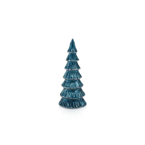 The ZODAX VERBIER LED TREE IN BLUE WITH SILVER TRIM is a small, blue glass Christmas tree figurine with tiered layers and an LED light, standing upright on a plain white background.
