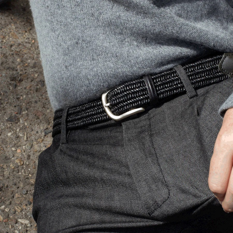The ATHISON Braided Leather and Cotton Stretch Belt in Midnight Blue features a silver rectangular buckle, displayed against a white background.