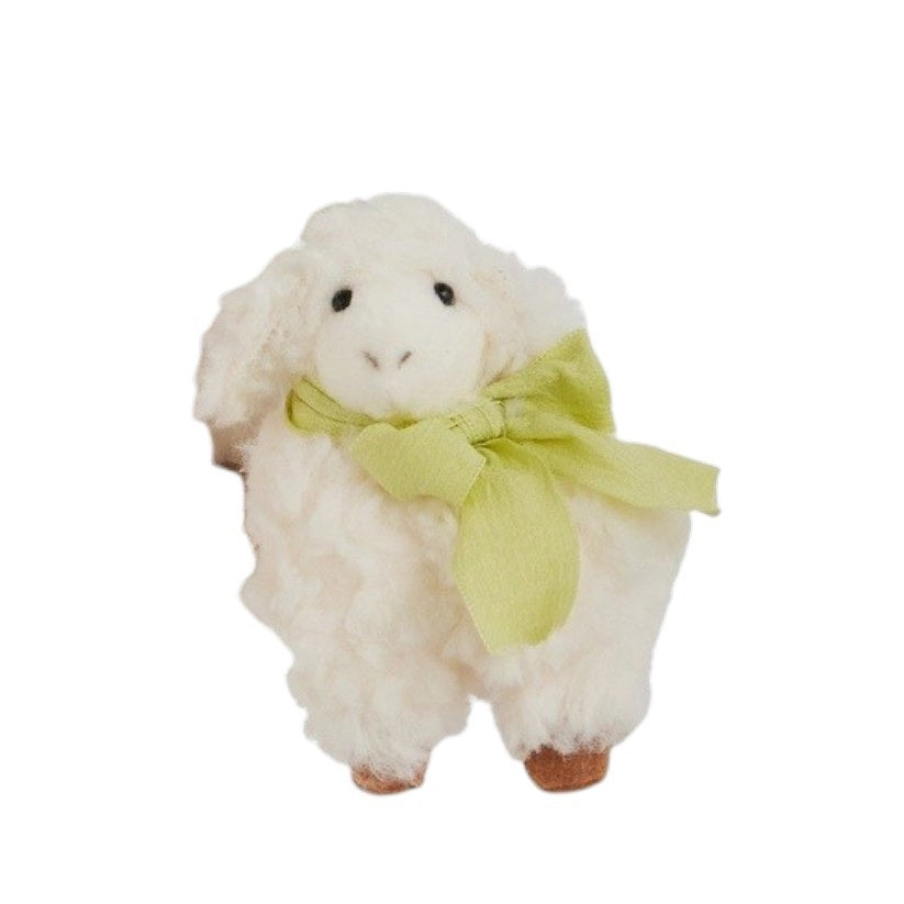 Three fluffy white RAZ IMPORTS SHEEP WITH BOW, 4", each with brown feet and a blue, pink, or green ribbon around their necks, stand on a white background—perfect for whimsical home decor or spring displays.