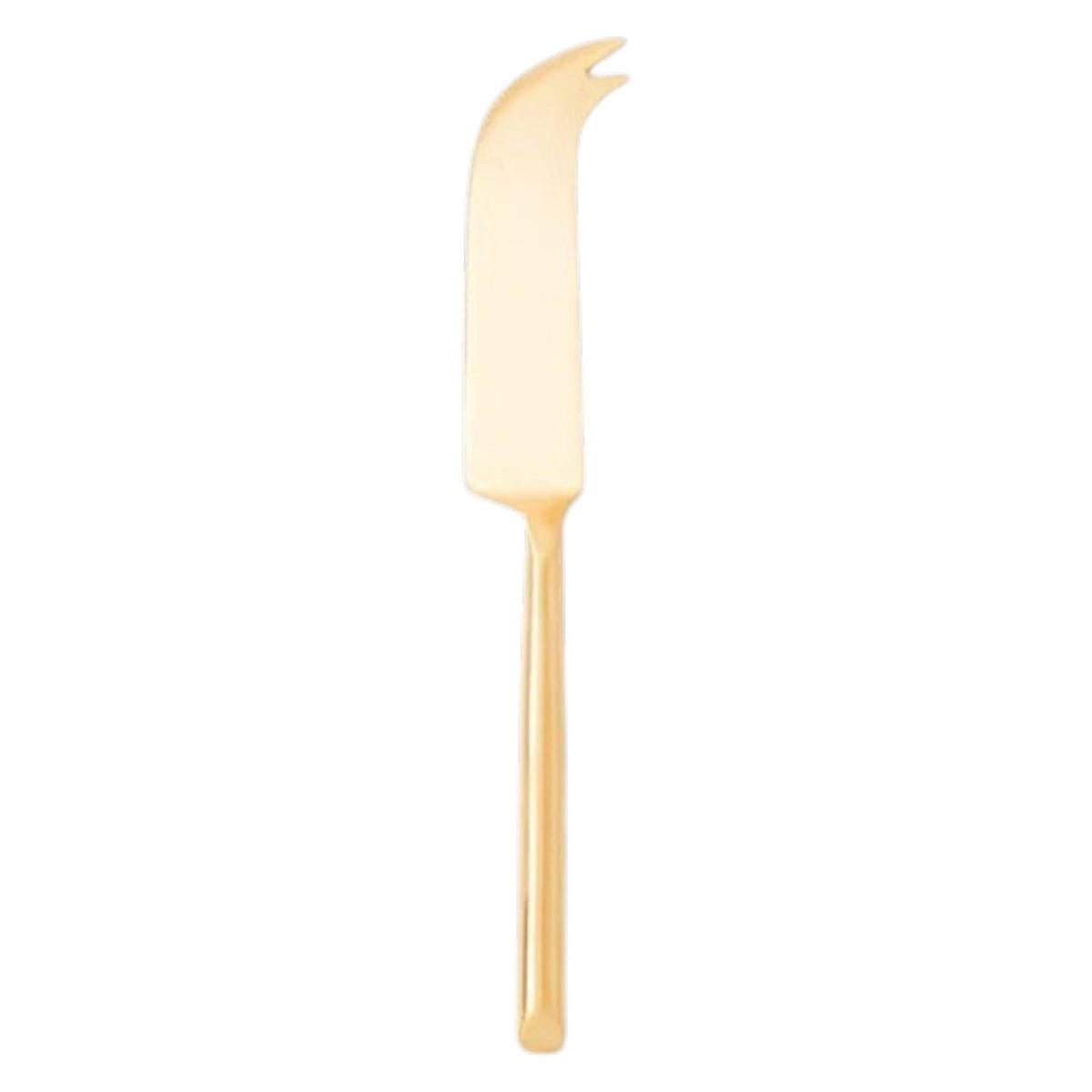 The BE HOME - MATTE GOLD CHEESE KNIFE by BE HOME, INC features a curved blade and two-pronged tip, ideal for charcuterie boards. Shown isolated on a white background.