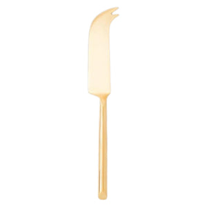 The BE HOME - MATTE GOLD CHEESE KNIFE by BE HOME, INC features a curved blade and two-pronged tip, ideal for charcuterie boards. Shown isolated on a white background.