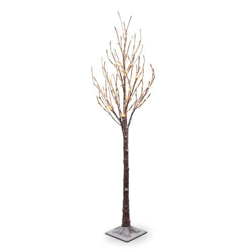 A 5.5′ LIGHTED SNOWY TREE by RAZ IMPORTS, featuring a tall, leafless design with glowing warm lights on its branches and a light dusting of snow on its trunk and square base.