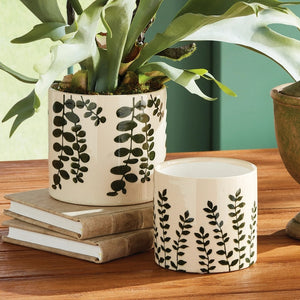 Two NAPA HOME AND GARDEN Maren Pots in white ceramic with an embossed leaf pattern sit on a wooden table, one with a leafy plant. Nearby are two stacked books and a partially visible empty green cachepot.