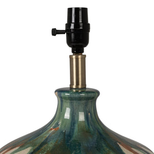 The CREATIVE COOP Stoneware Table Lamp features a textured beige linen shade and a ceramic base with artisan green and brown drip glaze over cream.