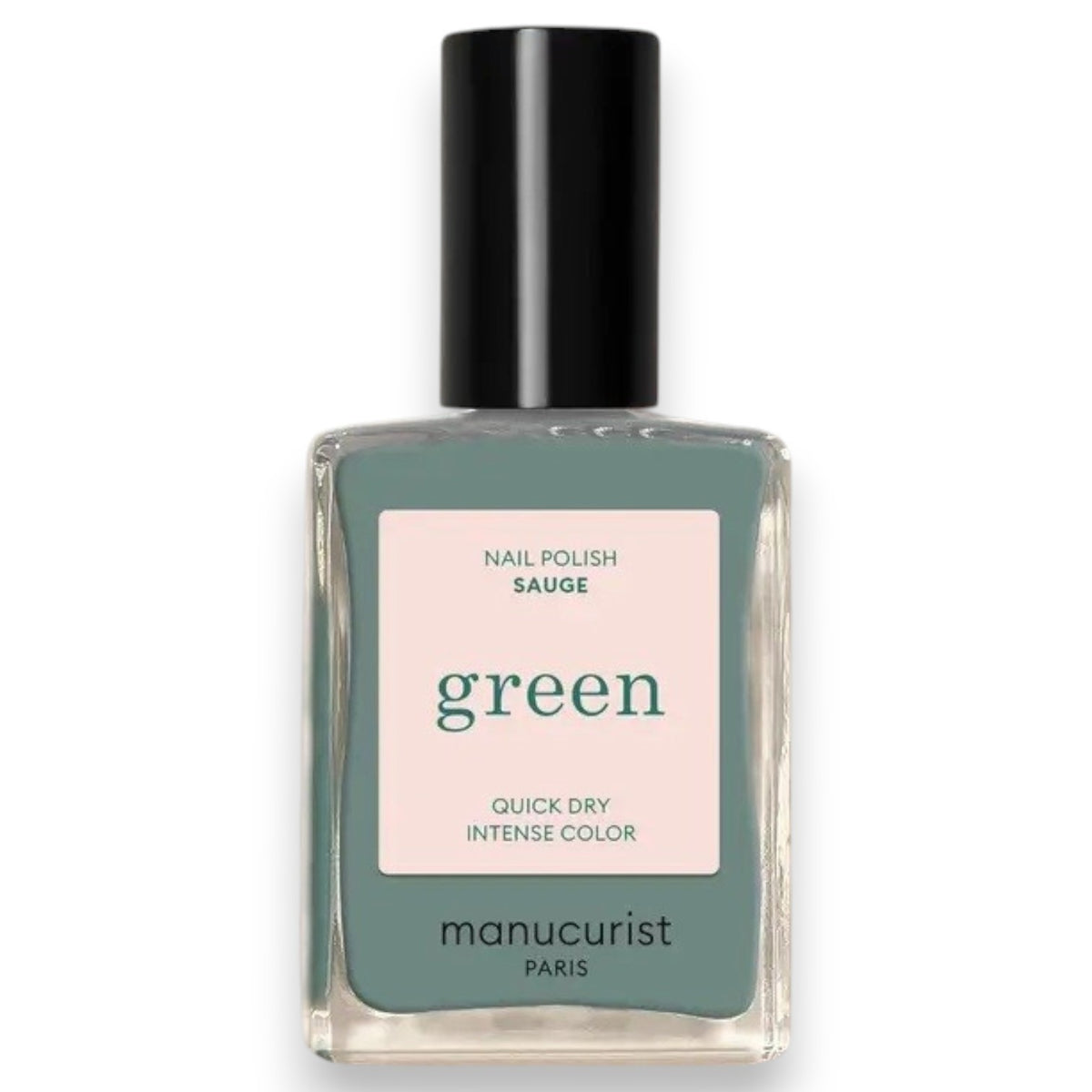 A hand with short, oval-shaped nails painted in MANUCURIST INC’s sophisticated GREEN™ Nail Polish in Sage—a chic gray vegan shade—is held in front of bright pink-red flower petals.