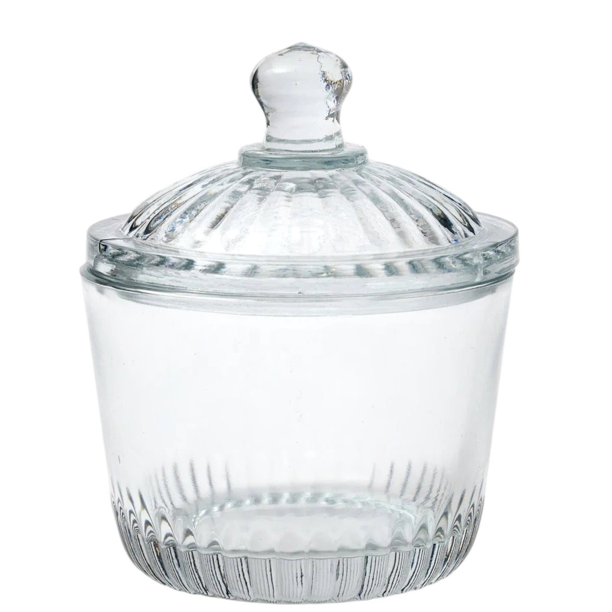 Two ETUHOME Bistro Glass Bon Bon Jars with ribbed lids sit on a wooden surface, one filled with yellow candies and the other nearly empty. Wrapped sweets are scattered nearby, creating a charming ETUHOME display.