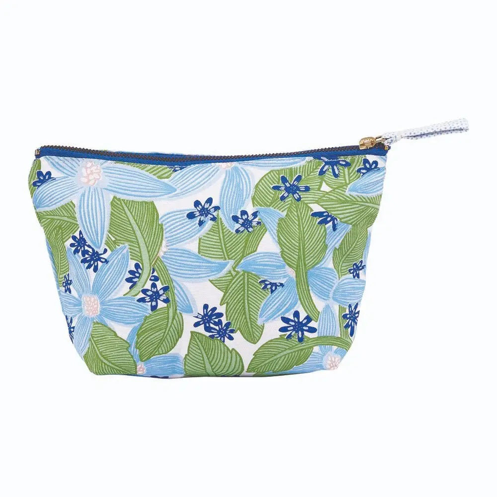 The ROCKFLOWERPAPER - TROPICANA POUCH is a cotton canvas organizer with a green leaf and blue flower design, featuring a blue zipper and small pull tab.