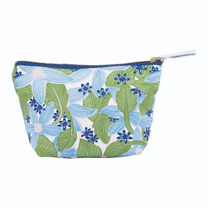 The ROCKFLOWERPAPER - TROPICANA POUCH is a cotton canvas organizer with a green leaf and blue flower design, featuring a blue zipper and small pull tab.
