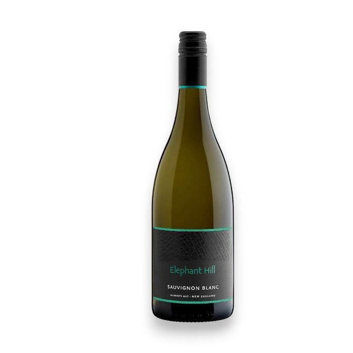 A bottle of ELEPHANT HILL SAUVIGNON BLANC 2025 by WINE: AMERICAN PREMIUM BEVERAGE, dark green label and screw cap, stands on a white background; known for vibrant grapefruit aroma and white flower notes.