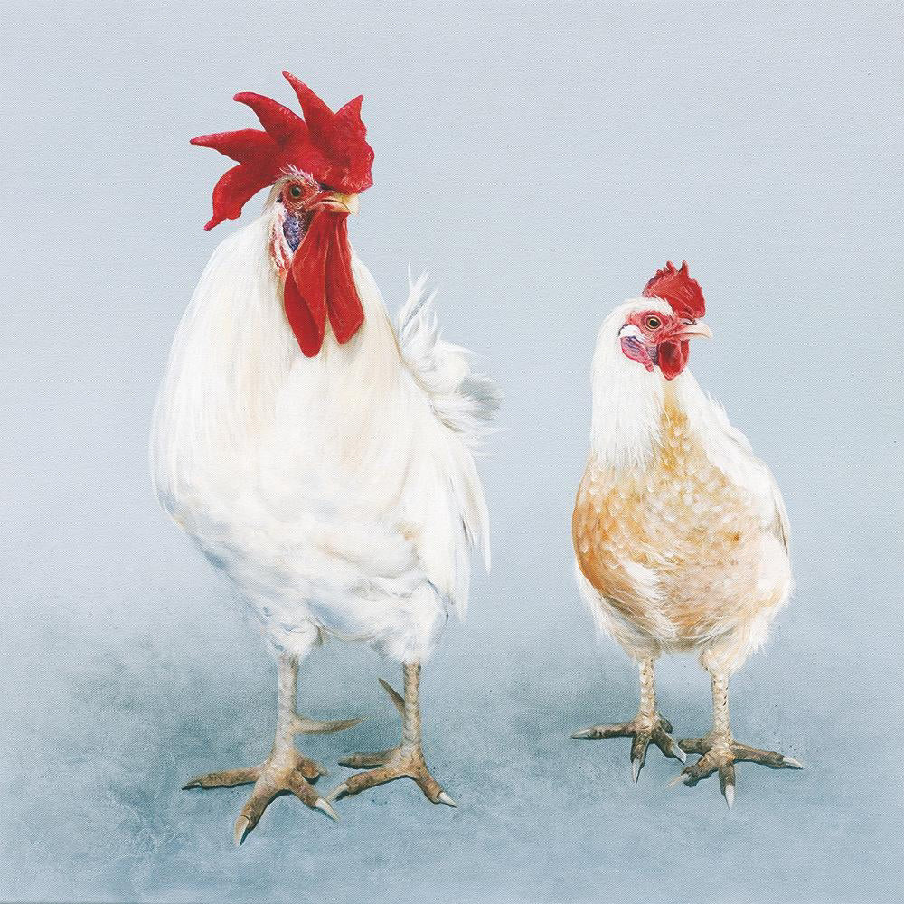 MEET THE FLOCKERS BEVERAGE NAPKINS by PAPER PRODUCTS DESIGN feature a detailed painting of a large white rooster with a red comb next to a smaller white and brown hen on a light blue background, crafted with &#39;made in Germany&#39; precision to evoke artistry in every feather and posture.