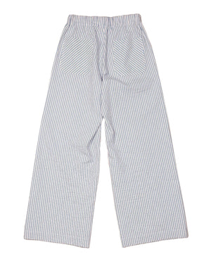 Introducing THE LITTLE PROJECT - CYRUS PANT IN PUCKERED STRIPE by THE LITTLE PROJECT, crafted from a luxurious Italian Rayon/Cotton blend with chic blue and white vertical stripes and an elastic waistband for ultimate comfort.