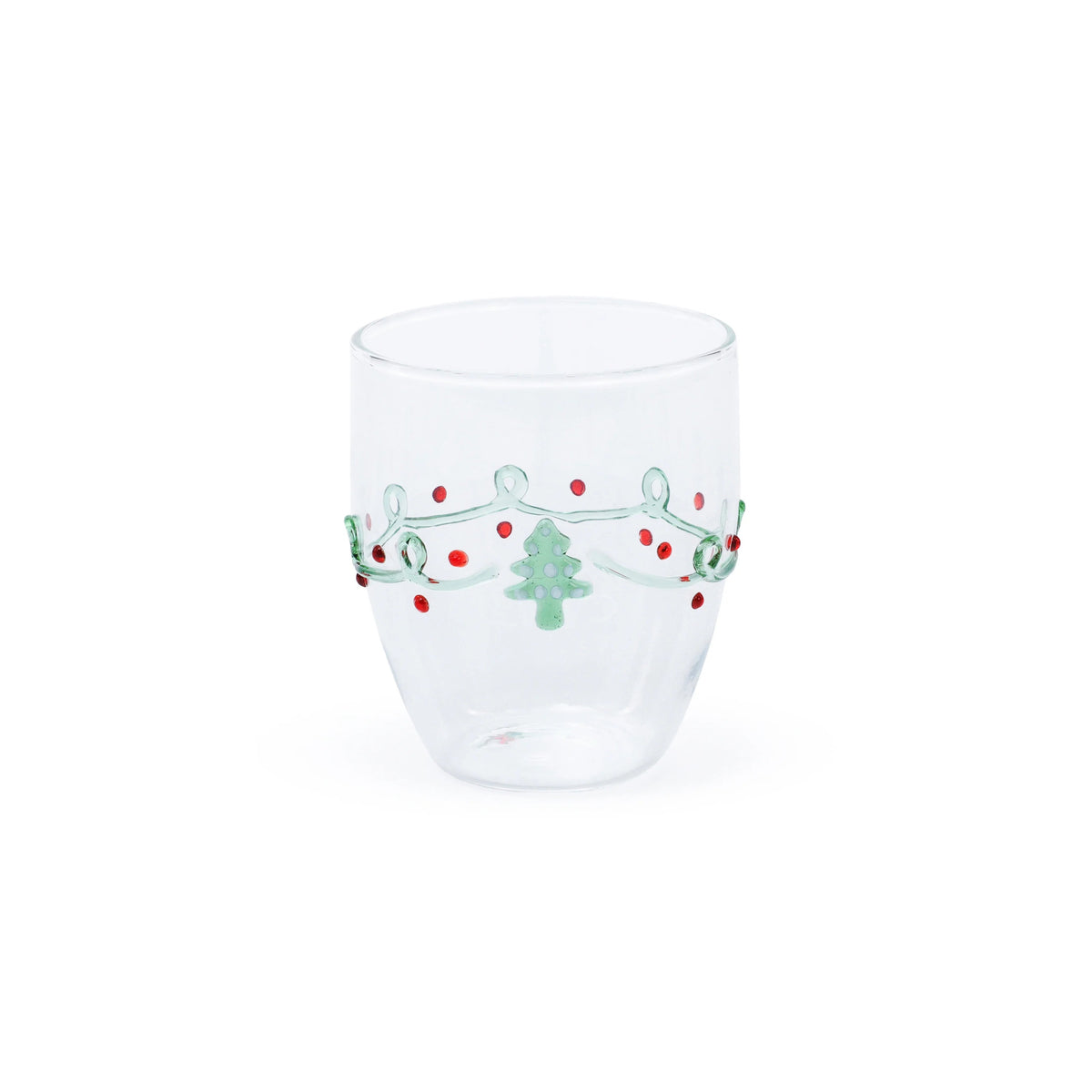 ZODAX HOLIDAY SPRUCE ALL PURPOSE GLASS TUMBLER, a 380 ml soda lime glass decorated with a green garland, red dots, and a small green Christmas tree.
