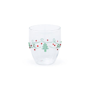 ZODAX HOLIDAY SPRUCE ALL PURPOSE GLASS TUMBLER, a 380 ml soda lime glass decorated with a green garland, red dots, and a small green Christmas tree.