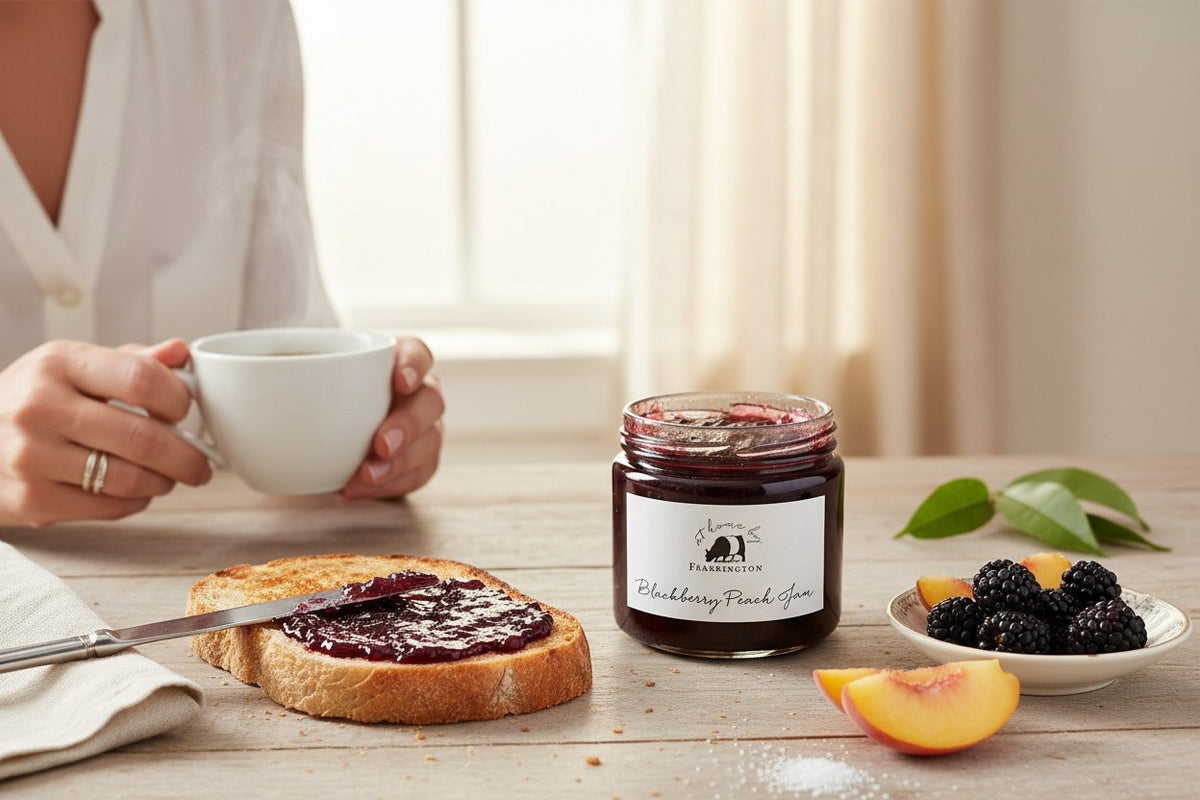 A glass jar of FEARRINGTON SIGNATURE COLLECTION - FEARRINGTON HOUSEMADE BLACKBERRY PEACH JAM with a black lid and a white label. The label lists ingredients: blackberries, peaches, lemon, cinnamon, nutmeg, sugar, pectin. It also mentions: "Handmade with care in our kitchens by Fearrington chefs." Perfect as a hostess gift or for breakfast jams. May contain allergens.