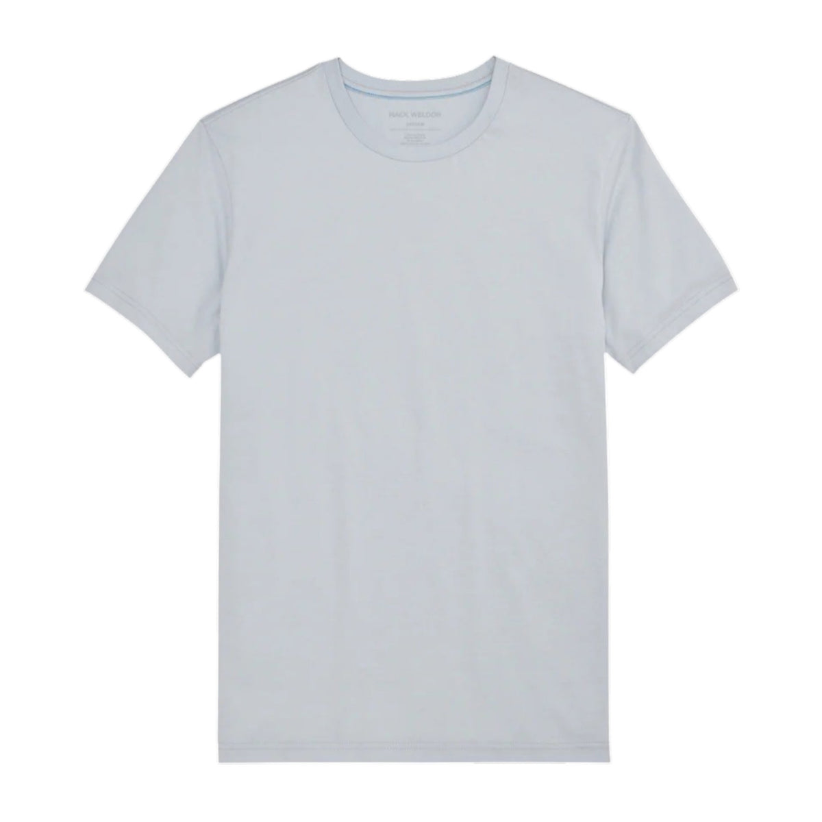 A man with short dark hair wears the MACK WELDON Pima Crew Neck T-Shirt in Steam and dark pants, standing against a plain light gray background and looking at the camera with a neutral expression.