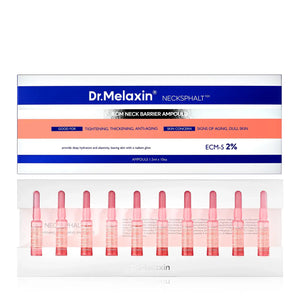 Two sleek, translucent DR MELAXIN - NECKSPHALT ECM NECK BARRIER AMPOULE bottles by KOSMIC KBEAUTY SKINCARE are displayed on a white surface with soft shadows—one upright, one lying down—in small pink packaging.