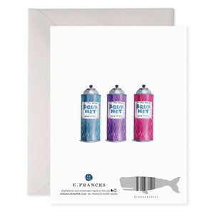 The E. Frances AquaNet Birthday Card by E. Frances Paper showcases a watercolor illustration of a blue Aqua Net hairspray can with the caption: "Remember when we ruined the ozone together. Happy Birthday." Printed on heavyweight paper, the card is pictured with a partially visible envelope behind it.