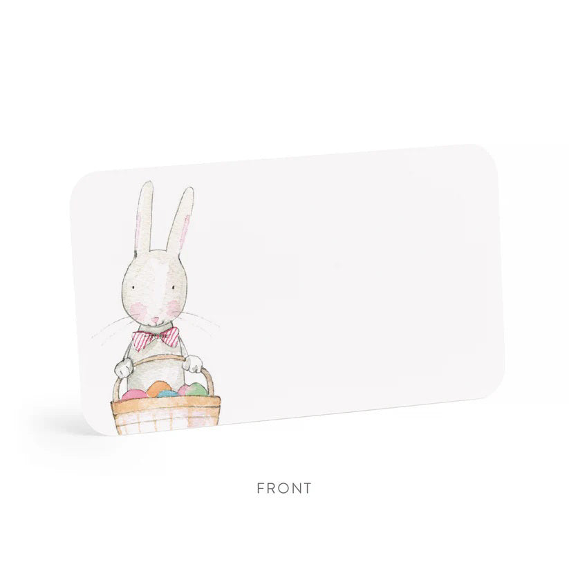 A clear plastic box contains 85 E. FRANCES PAPER - PETER RABBIT LITTLE NOTES. Each notecard features a Peter Rabbit-like illustration with a pink bow-tied white rabbit holding a basket of colorful eggs, under the label "E. Frances 85 Little Notes use unsparingly.