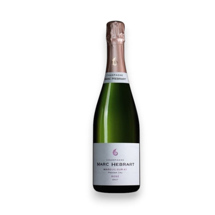 A bottle of MARC HEBRART BRUT ROSÉ CHAMPAGNE from WINE: BORDEAUX FINE &amp; RARE/A-VIN-GARDE, made with Pinot Noir, in dark green glass with light pink neck foil and a white label showing brand and product info.