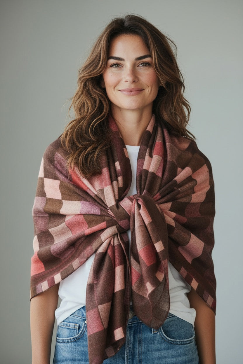 A woman with wavy brown hair wears the HARTFORD Geometric Bandana Scarf in Pink, featuring brown and pink tones and crafted from wool in India. She has it tied in front over a white shirt and blue jeans, standing against a neutral gray background.