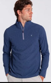 A person is seen from the back wearing the CRIQUET Seersucker Performance Pullover in Navy, featuring a small checkered pattern. This UPF 50 pullover by CRIQUET combines style with advanced sun protection against a plain, light background.