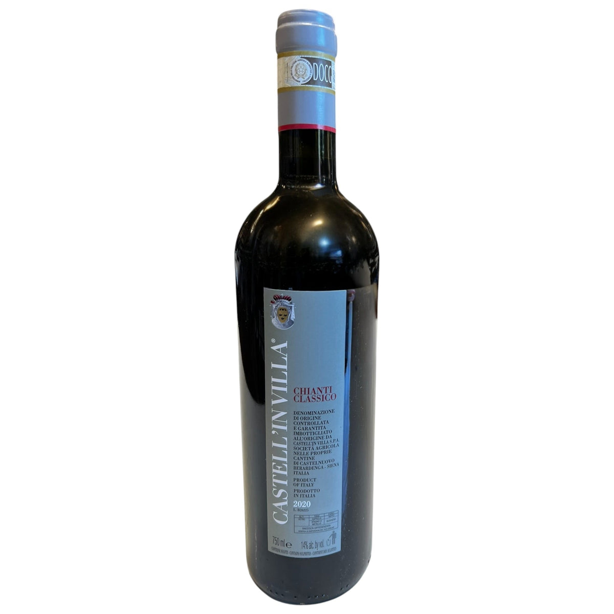 A bottle of CASTEL’IN VILLA CHIANTI CLASSICO 2020 by WINE: KELLOGG SELECTIONS, made from Sangiovese grapes in Castelnuovo Berardenga, featuring a gray and white label and standing upright against a white background.