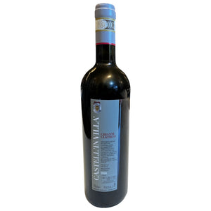A bottle of CASTEL’IN VILLA CHIANTI CLASSICO 2020 by WINE: KELLOGG SELECTIONS, made from Sangiovese grapes in Castelnuovo Berardenga, featuring a gray and white label and standing upright against a white background.