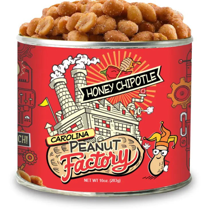 A red canister from the 1949 Nut Company, labeled &quot;1949 Nut Company - Honey Chipotle Peanuts,&quot; features a cartoon factory and a peanut character wearing a chef&#39;s hat. Highlighting &quot;Honey Chipotle Peanuts,&quot; the canister is filled to the top with delicious roasted peanuts. The net weight is 10 oz (283g).